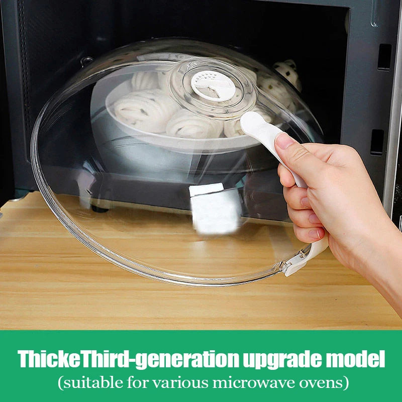 A hand is holding a clear microwave splatter guard with a white handle and steam vent over a glass dish inside an oven.