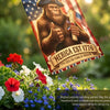 A flag featuring a depiction of a bear holding a sword and surrounded by red, white, and blue patriotic flowers.