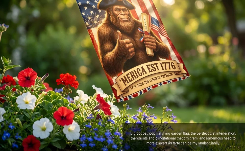 A flag featuring a depiction of a bear holding a sword and surrounded by red, white, and blue patriotic flowers.