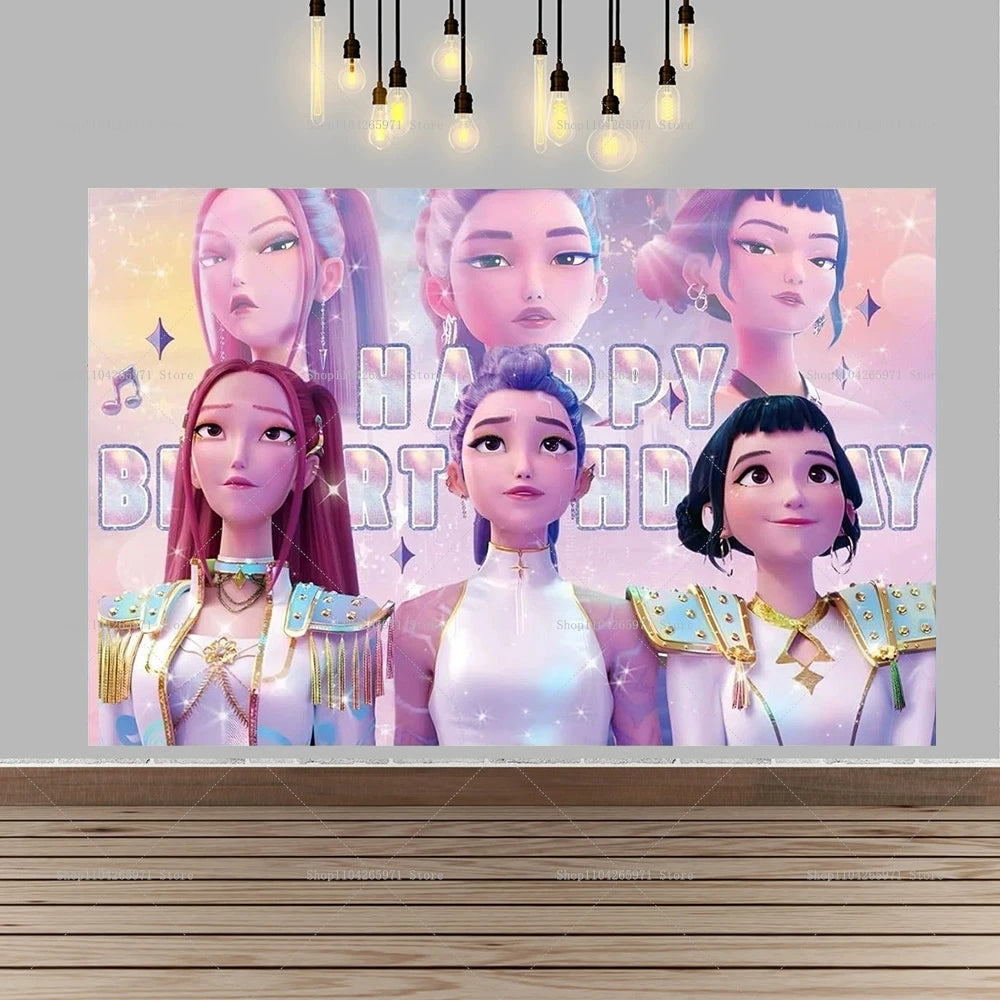 A backdrop featuring four stylized female characters in fantasy attire celebrating a birthday.