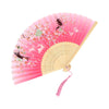 Pink and green floral patterned vintage bamboo folding fan with a light wood interior