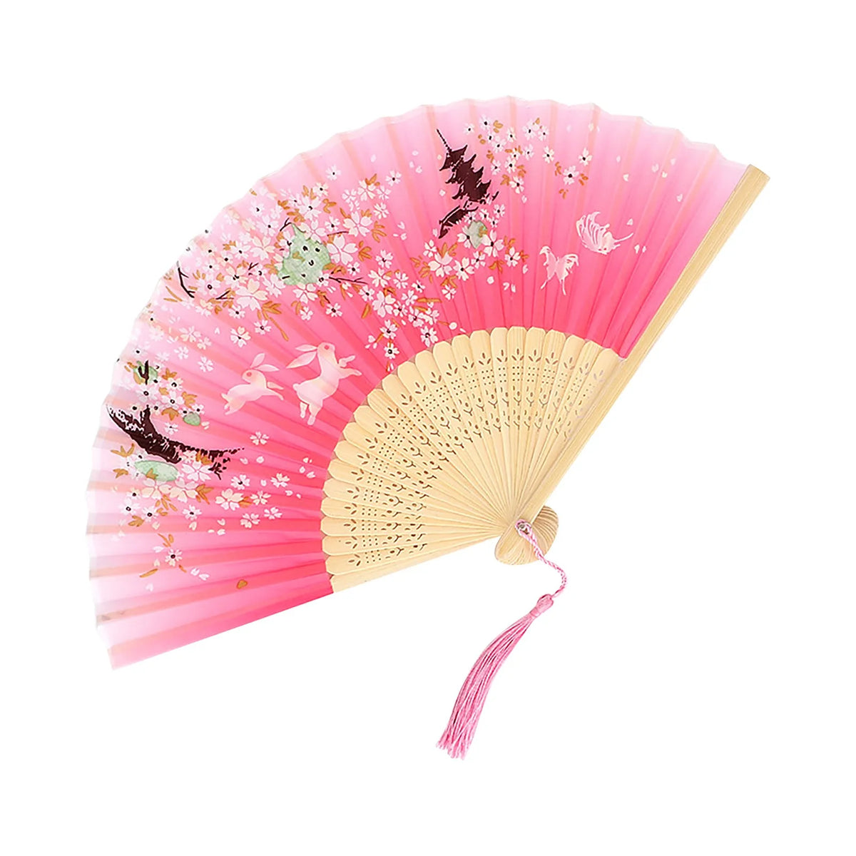 Pink and green floral patterned vintage bamboo folding fan with a light wood interior
