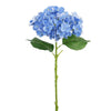 A stem of artificial blue hydrangea flowers with green leaves.