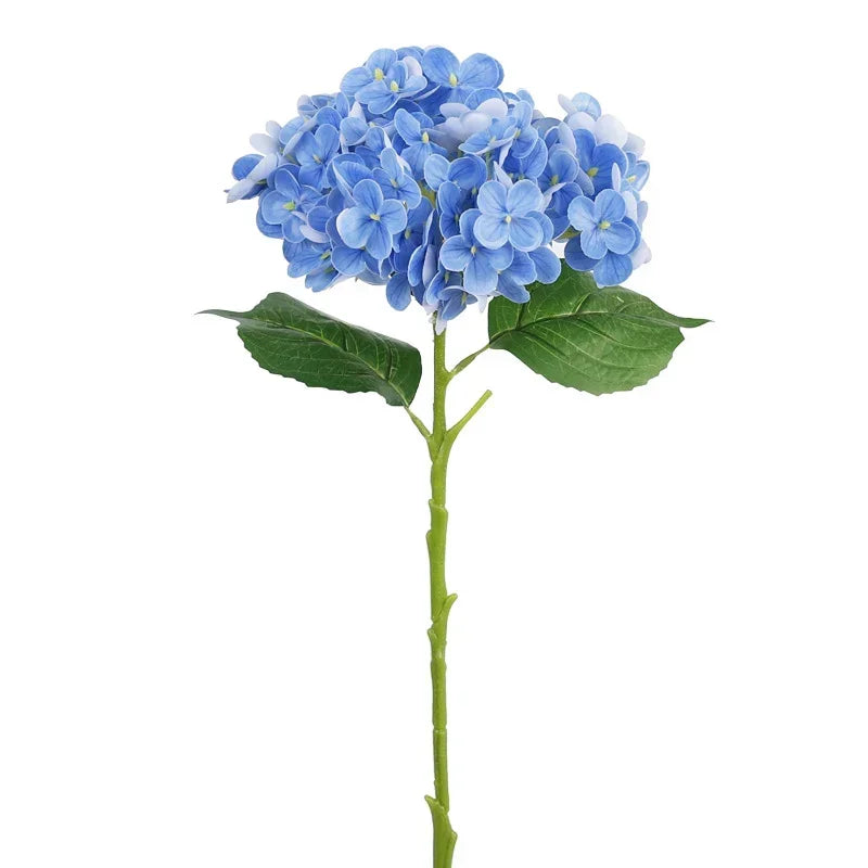 A stem of artificial blue hydrangea flowers with green leaves.