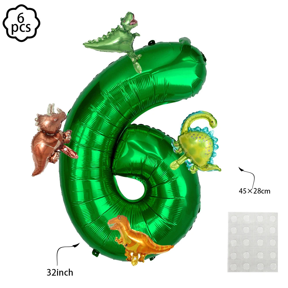 Green foil balloon shaped like the number 6 with a small dinosaur decoration