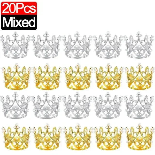 A set of 20 mixed gold and silver crown cake topper decorations.