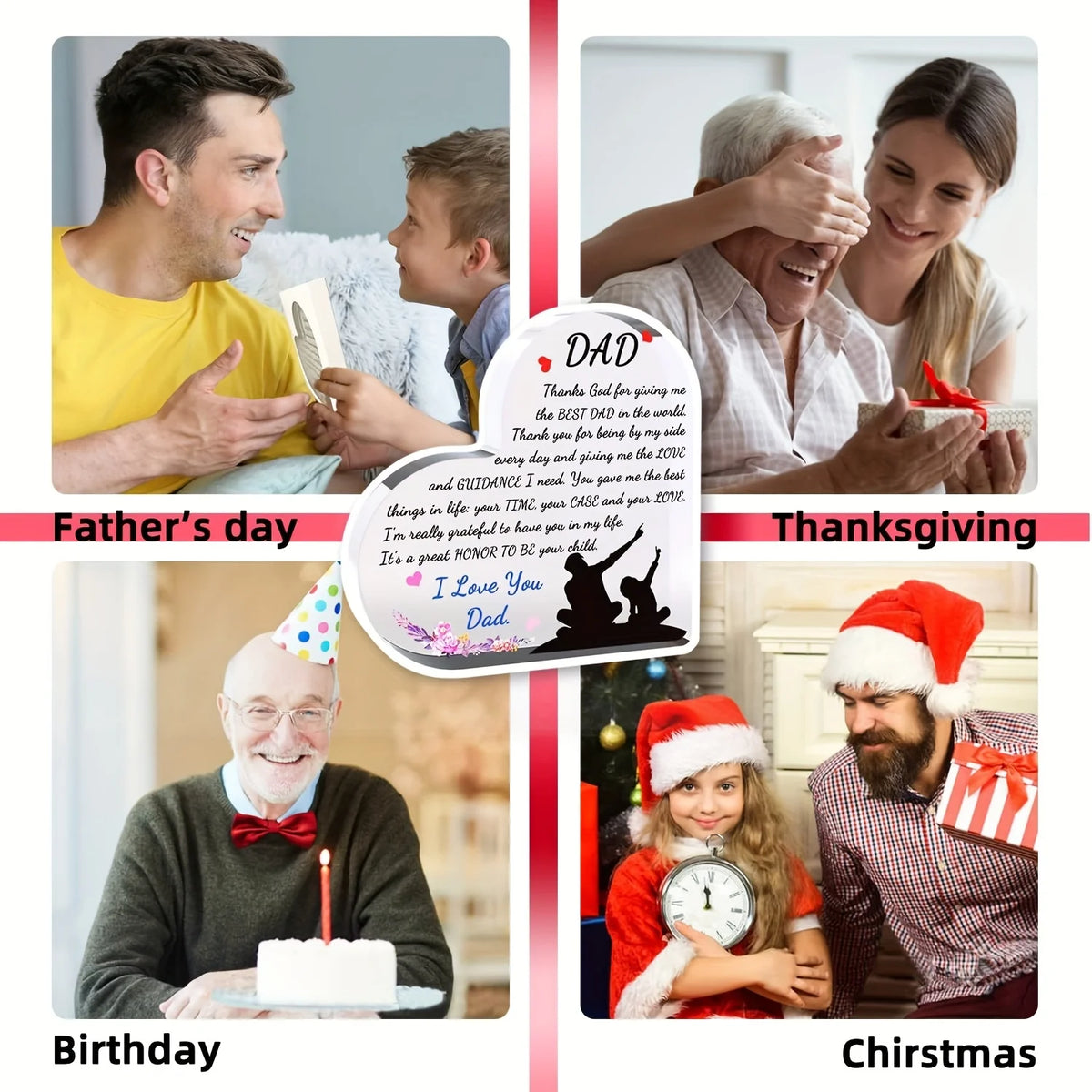 A collage of images showing Father's Day, Birthday, and Christmas gifts for a dad, including heartfelt messages and festive s