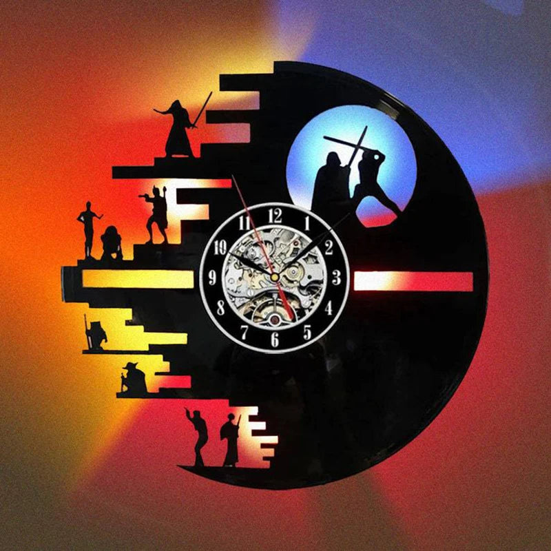A vinyl record shaped wall lamp featuring silhouettes of figures and a clock face against a colorful background.
