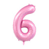 A pink foil number balloon shaped like the number six.