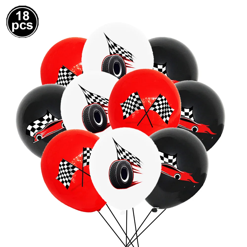 A bunch of 18 black and red race car number balloons with checkered flags for birthday party decorations