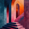 Abstract minimalist architecture painting featuring a staircase and arched doorways in warm pinks, oranges, and deep purples.