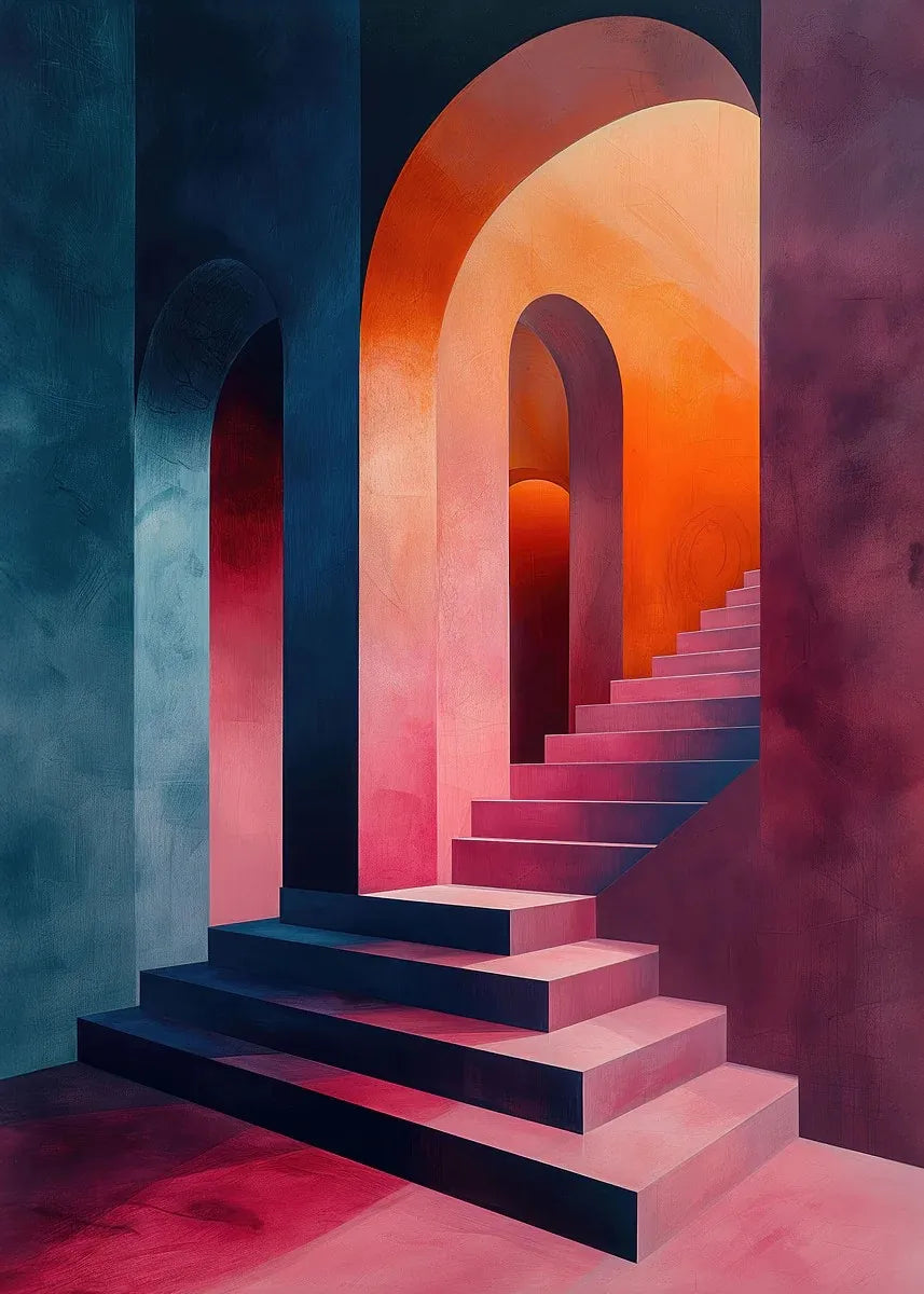 Abstract minimalist architecture painting featuring a staircase and arched doorways in warm pinks, oranges, and deep purples.