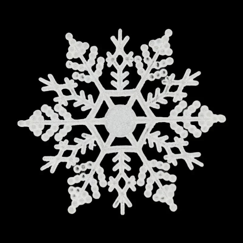 A white snowflake ornament design against a black background.