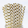A pack of white drinking straws decorated with gold heart patterns and thin stripes.