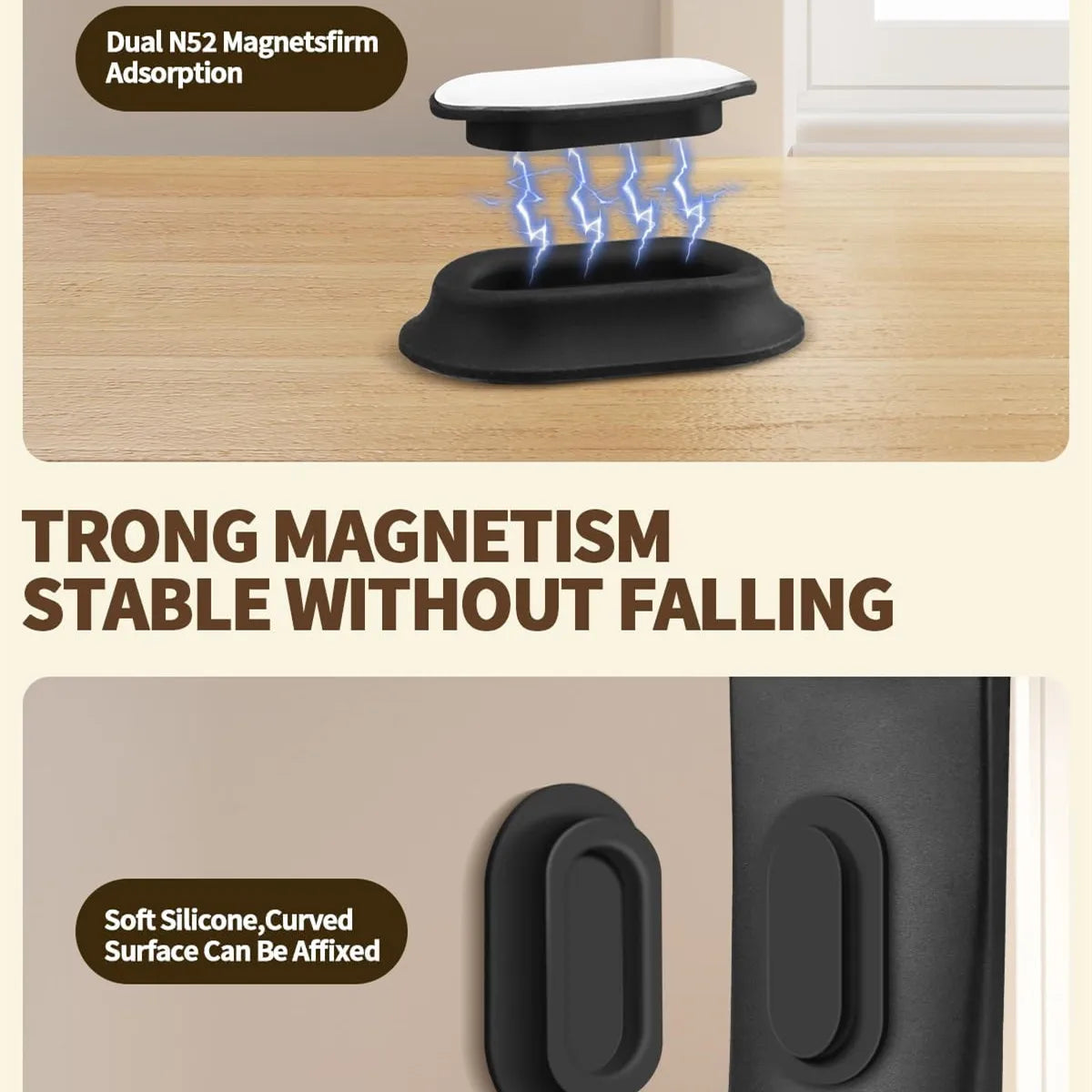 A black magnetic silicone remote control holder set demonstrating strong magnetism and stability.