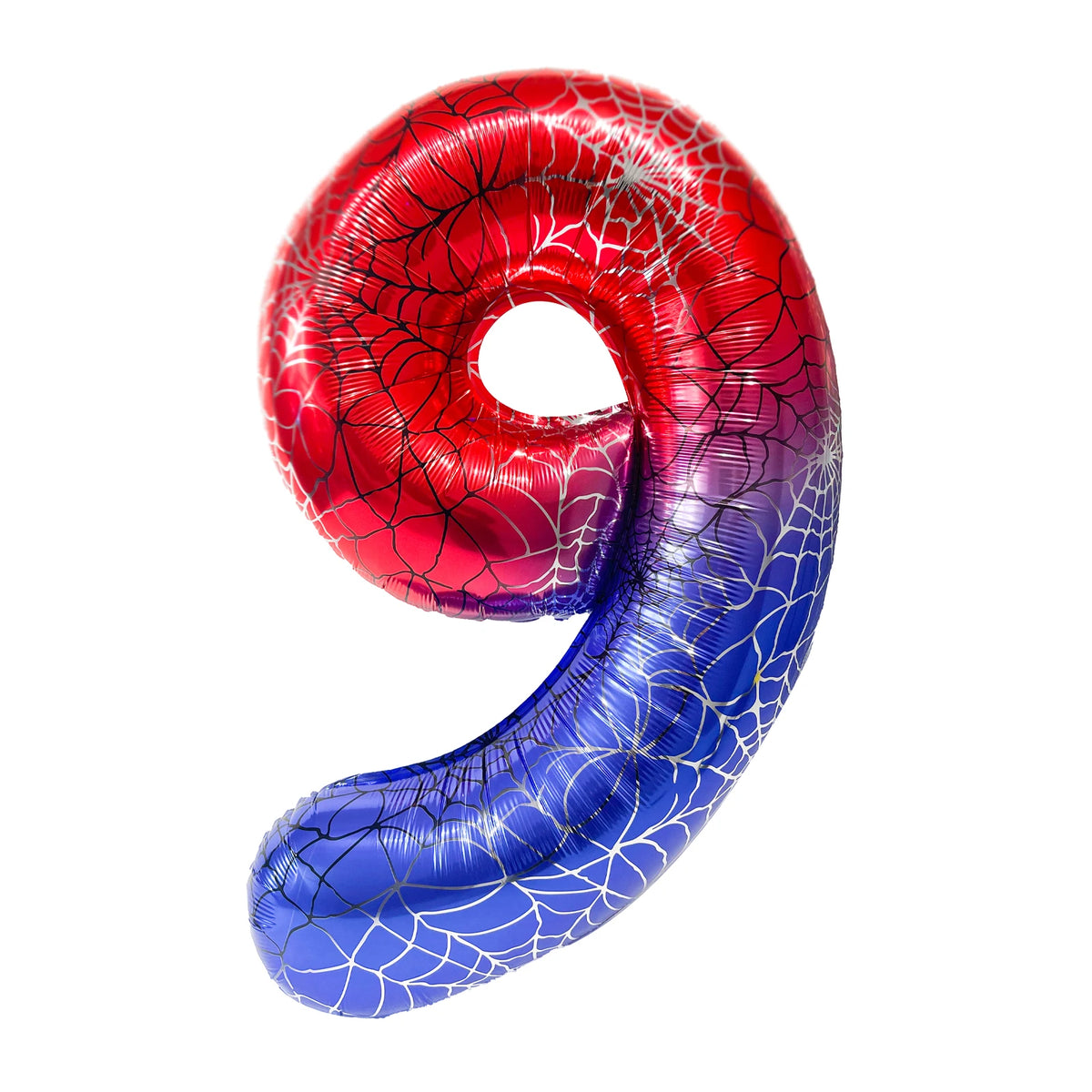 A foil balloon shaped like the number 9 with a spiderweb pattern, colored red and blue.