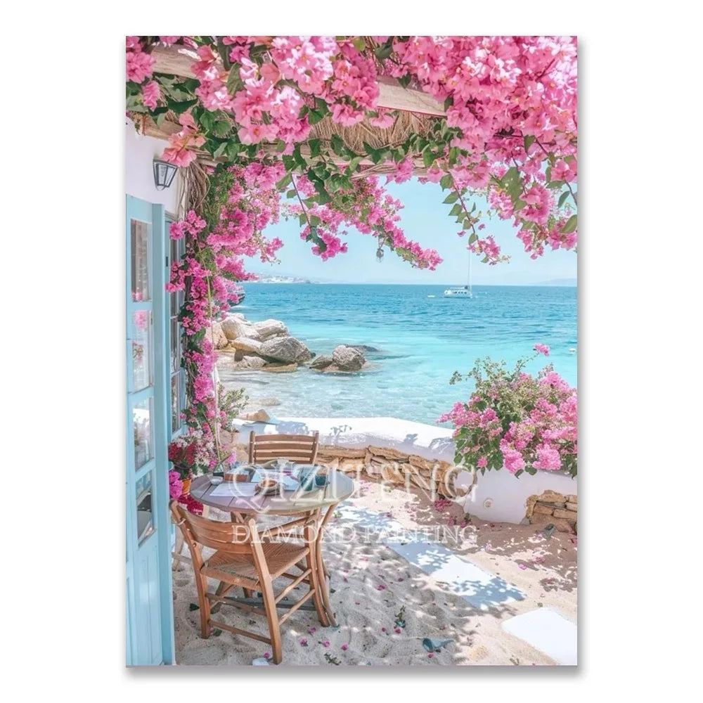 A diamond painting kit featuring a vibrant scene of pink blossoms under a wooden pergola overlooking the sea.