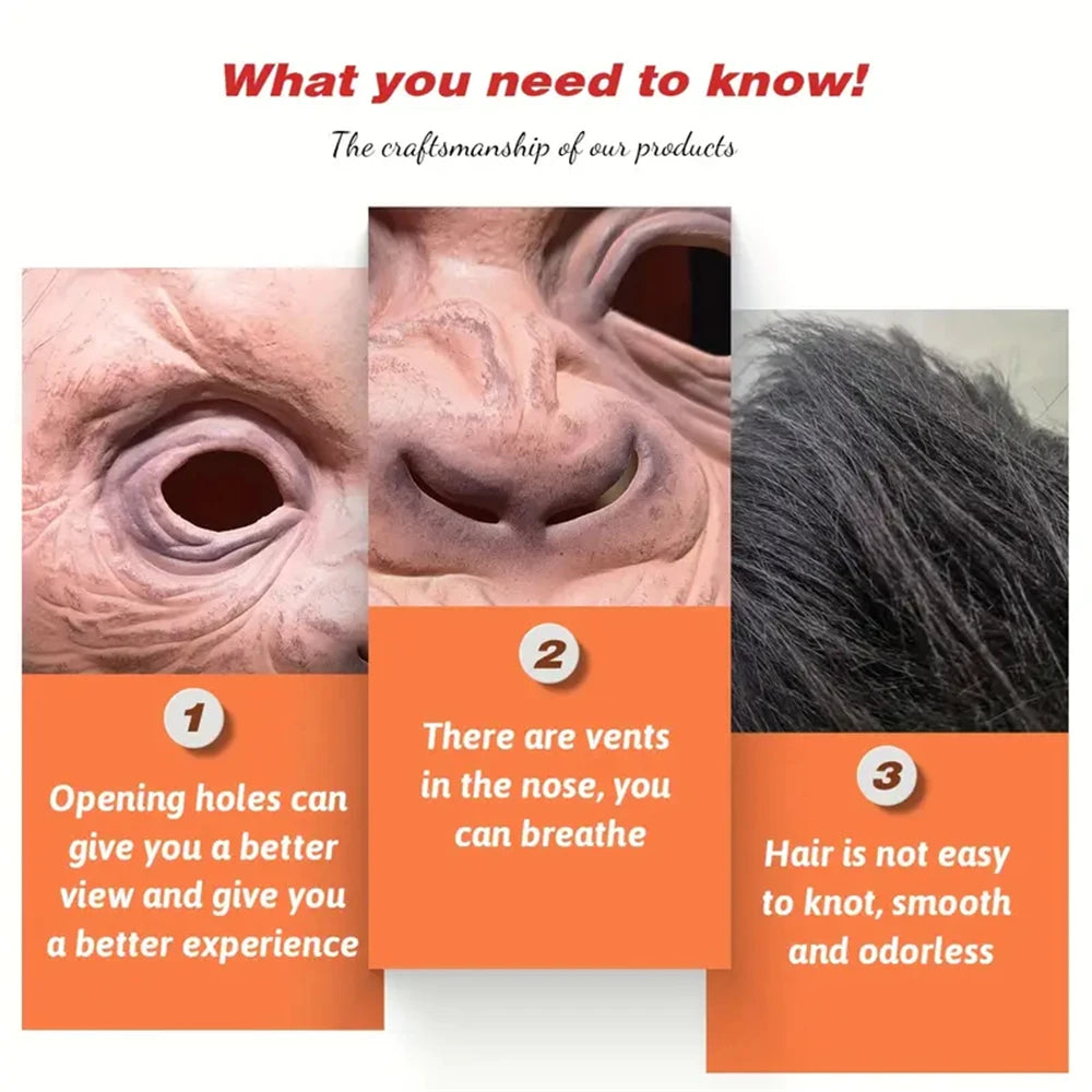 Three panels showing the craftsmanship of a latex monkey mask costume, including views of the nose vents and hair.