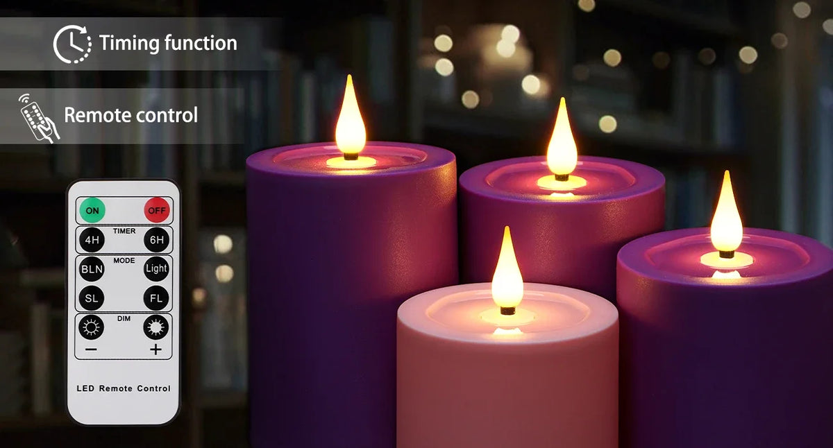A set of purple and pink flameless LED candles with a remote control device shown in a dimly lit indoor setting.