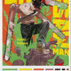 A poster featuring Tatsuki Fujimoto's Chainsaw Man character in a dynamic pose against a vibrant yellow and green background.