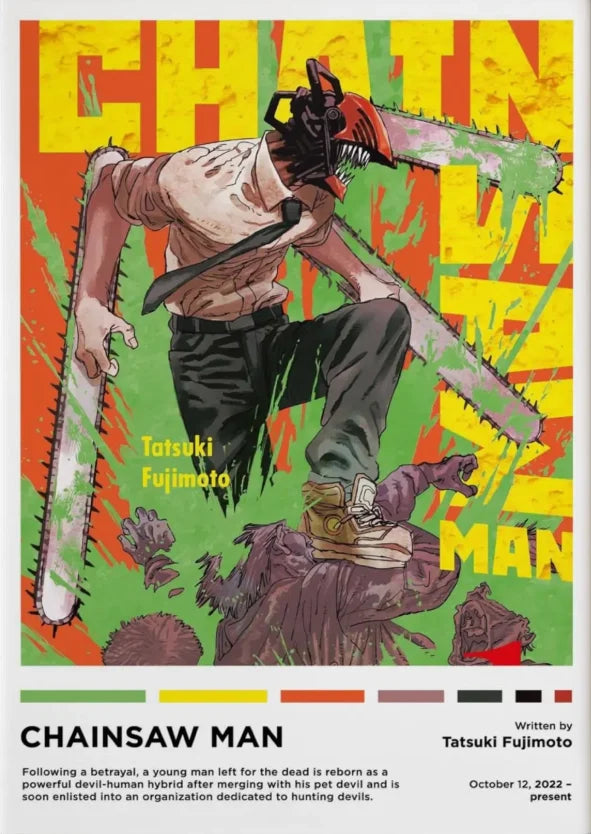 A poster featuring Tatsuki Fujimoto's Chainsaw Man character in a dynamic pose against a vibrant yellow and green background.