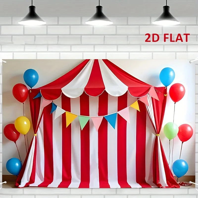 A red and white striped circus party backdrop banner featuring a draped fabric with colorful pennants.