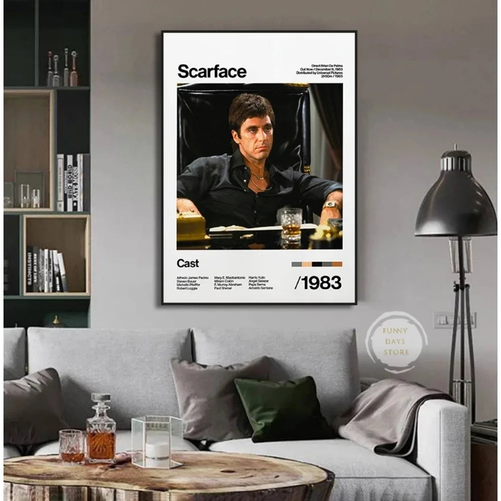 A movie poster featuring Leonardo DiCaprio as Scarface, displayed in a framed canvas art print.