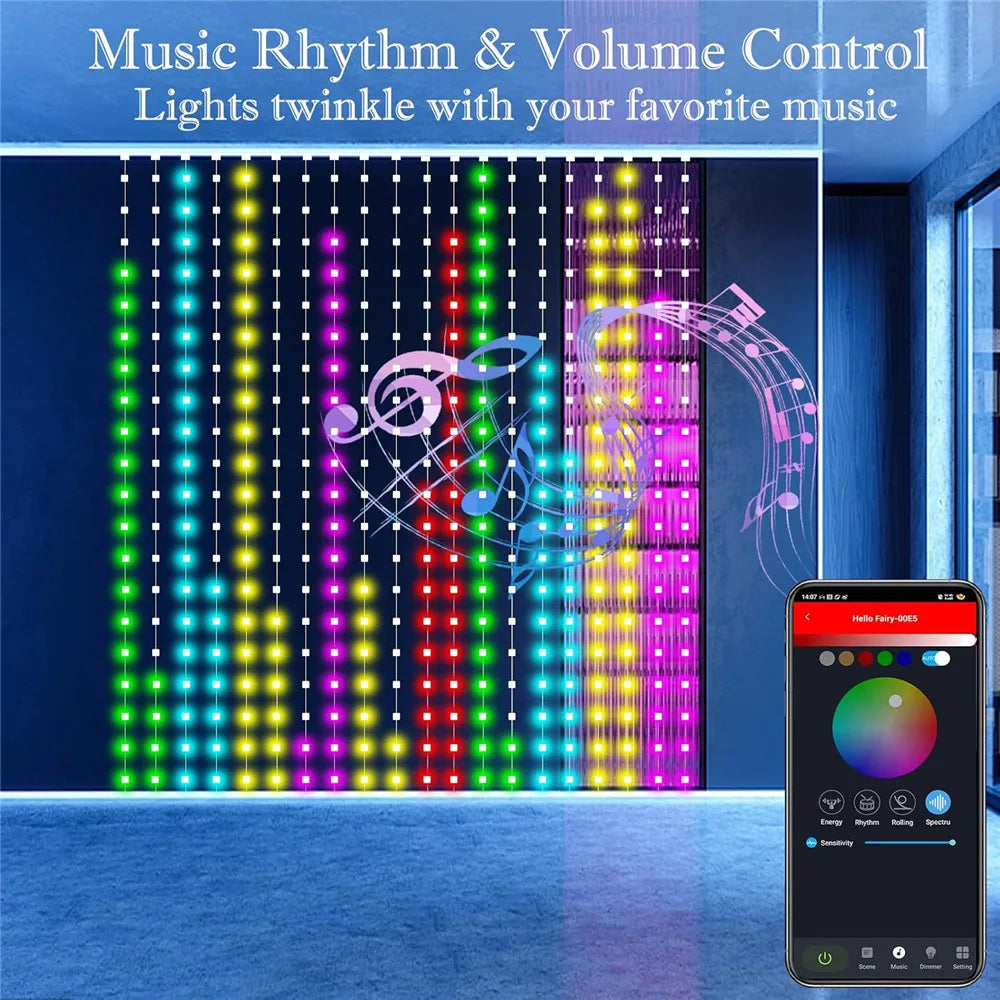 RGB LED curtain lights twinkle with music, displaying colorful vertical light patterns.