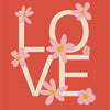 A graphic design featuring the word LOVE formed by pink flowers on a coral background.