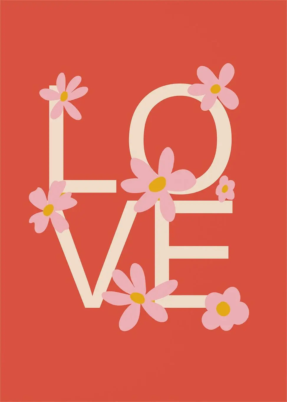 A graphic design featuring the word LOVE formed by pink flowers on a coral background.