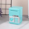 A light blue plastic piggy bank with a silver keypad and slot for coins.