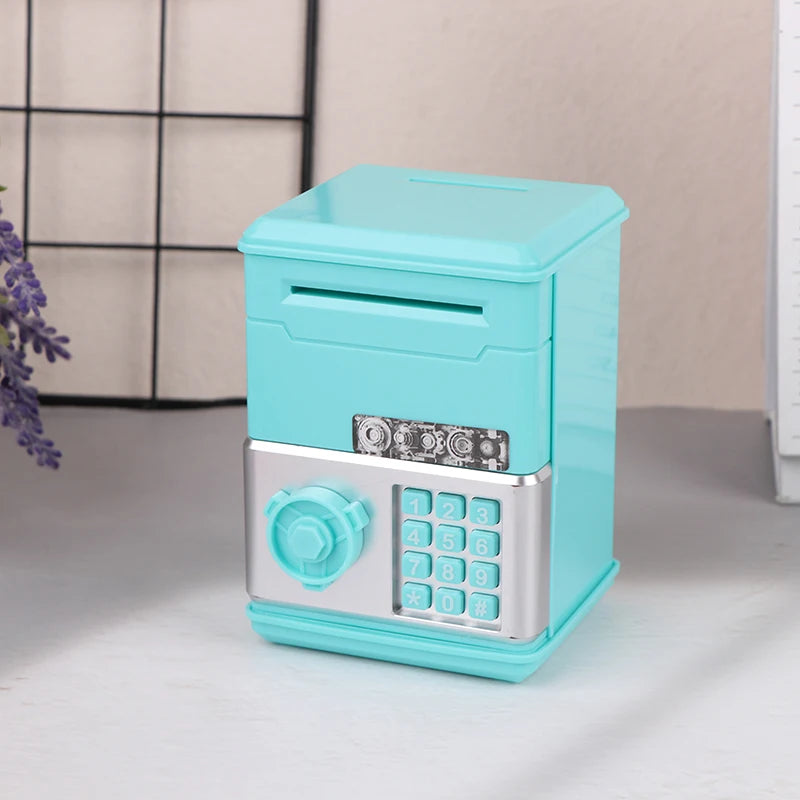 A light blue plastic piggy bank with a silver keypad and slot for coins.