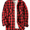 A red and black plaid flannel button-up shirt worn over a white undershirt.