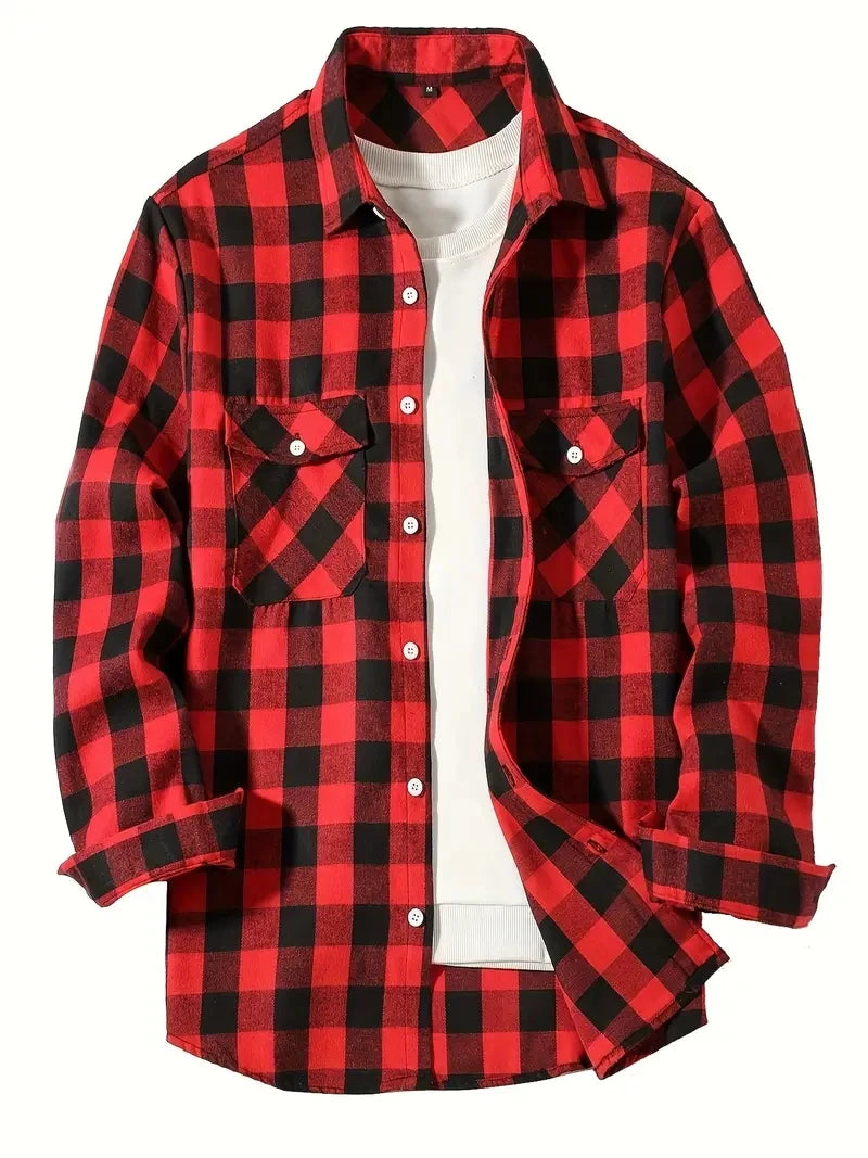 A red and black plaid flannel button-up shirt worn over a white undershirt.
