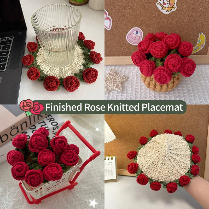 Finished rose knitted placemat featuring deep red roses on a natural woven base.