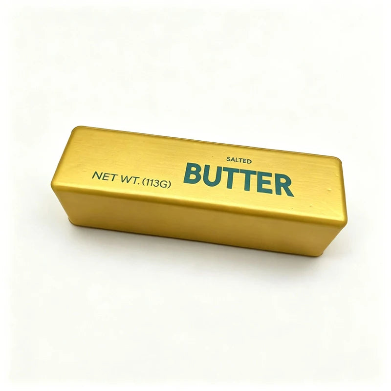 A rectangular gold butter squeeze toy with the label salted butter and net weight 113g.