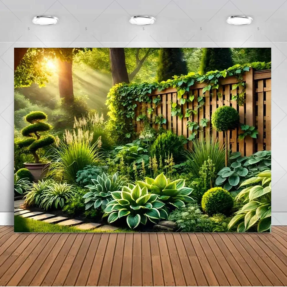A lush green tropical palm leaf backdrop featuring various foliage and a wooden fence.