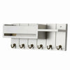 A white wooden key holder with six hooks and a mail sorter slot.