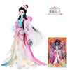 A detailed ball-jointed doll dressed in a pink and teal gown with elaborate makeup and long flowing hair.