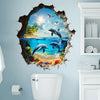 A wall sticker depicting a tropical ocean scene with dolphins breaking through a jagged, natural rock effect.