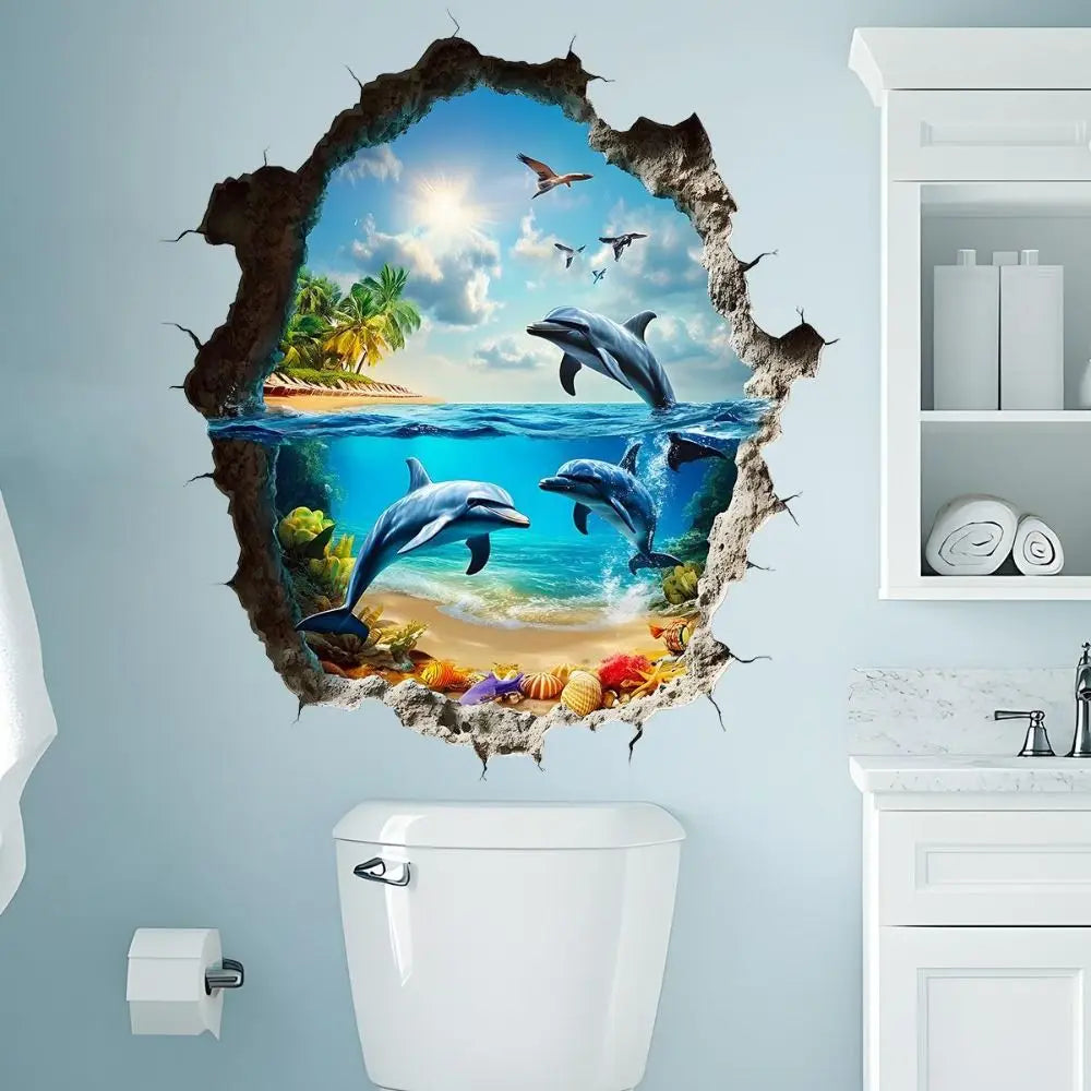 A wall sticker depicting a tropical ocean scene with dolphins breaking through a jagged, natural rock effect.