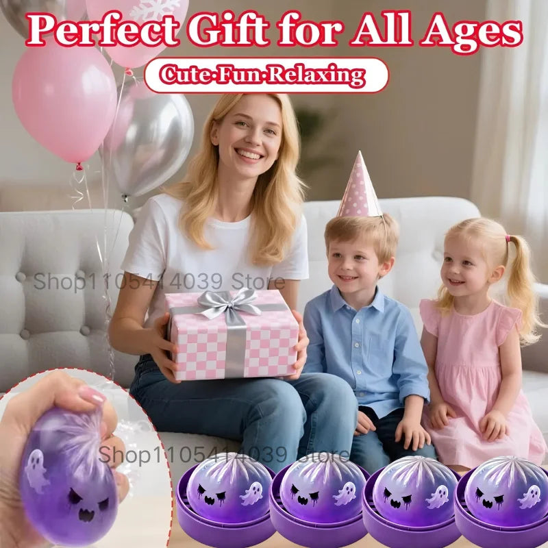 A pink and silver balloon gift box is held by a woman, with children nearby. Purple Halloween themed sticky fidget dumplings 