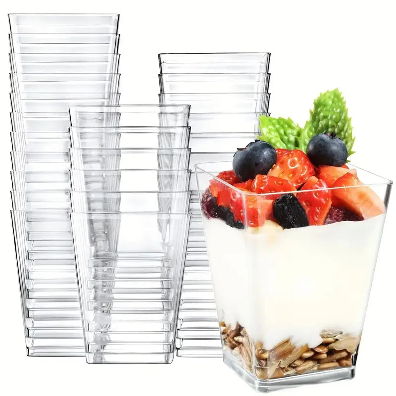 Clear Plastic Mini Dessert Cups with Spoons – Square Parfait & Appetizer Bowls for Parties