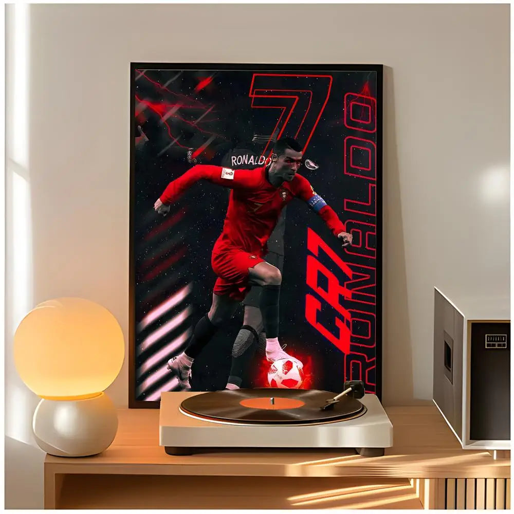 A framed poster of Cristiano Ronaldo in a red shirt with the text CR7 Ronaldo.