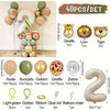 A set of 40 jungle animal balloons including various animals, number balloons, and accessories for a party.