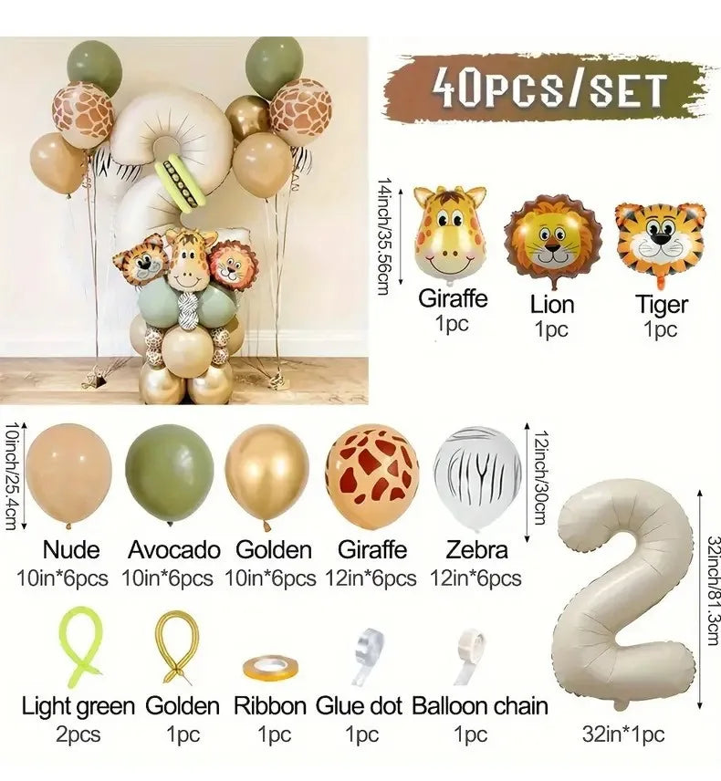 A set of 40 jungle animal balloons including various animals, number balloons, and accessories for a party.