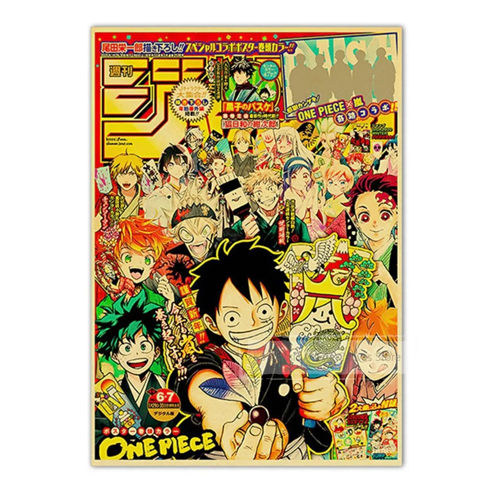 A collage of anime characters from various series including One Piece, JoJo, Jujutsu Kaisen, and Demon Slayer.