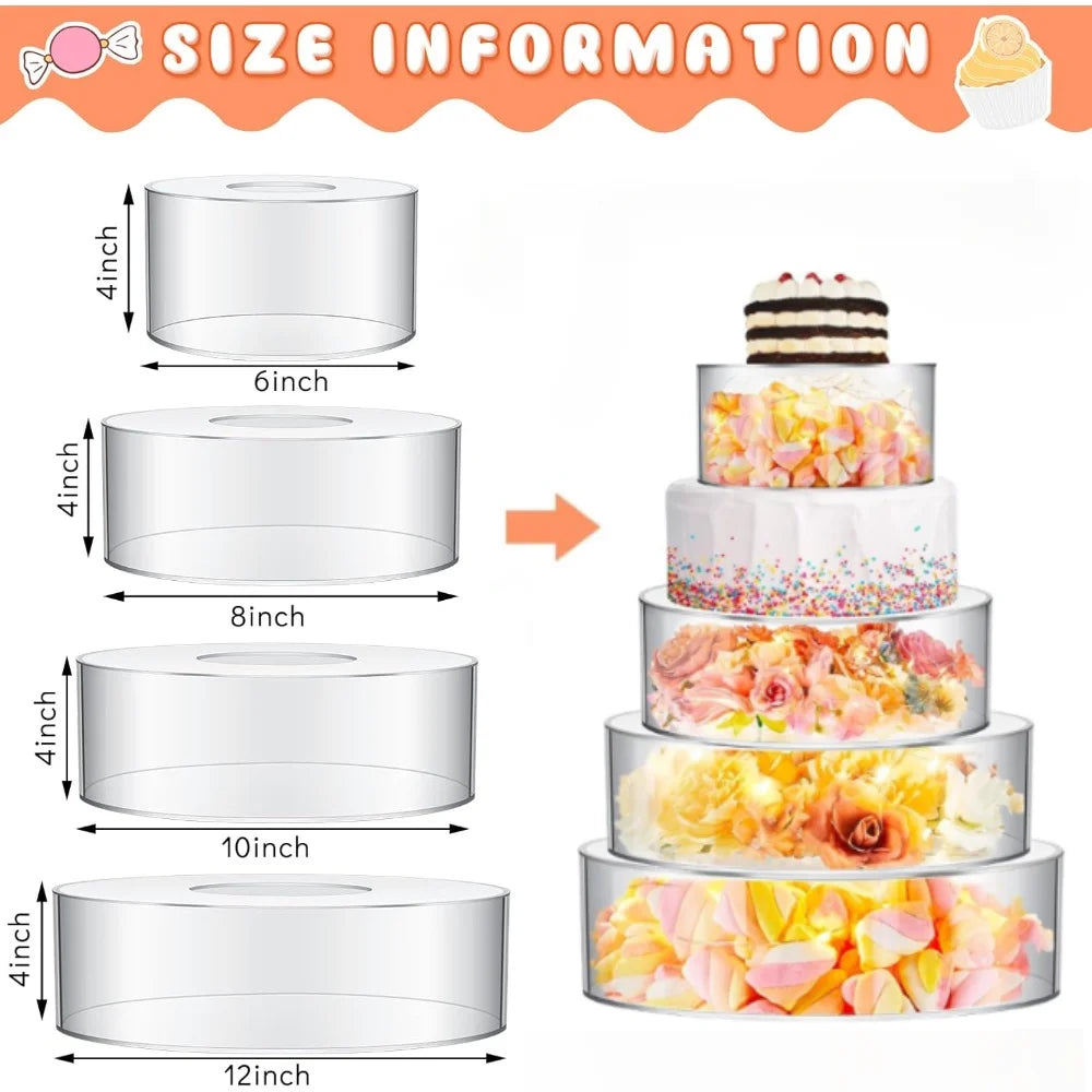 A set of clear acrylic cake display stands in various diameters, showing different sizes from 6 to 12 inches.