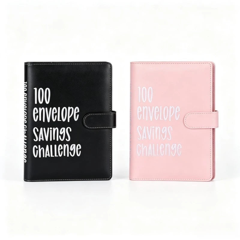 A black and pink premium PU leather savings planner binder with the text 100 envelope savings challenge.