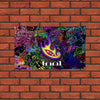 A colorful tapestry featuring a stylized flame design and abstract patterns, displayed against a brick background.